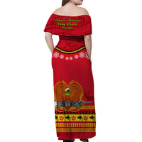 Papua New Guinea Christmas Off Shoulder Long Dress Bird Of Paradise Bikpela Hamamas Blong Dispela Krismas LT14 - Polynesian Pride