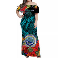 (Custom Personalised) Federated States of Micronesia Off Shoulder Long Dress Hibiscus Flowers FSM Seal Polynesian Ver.03 LT14 Women Turquosie - Polynesian Pride