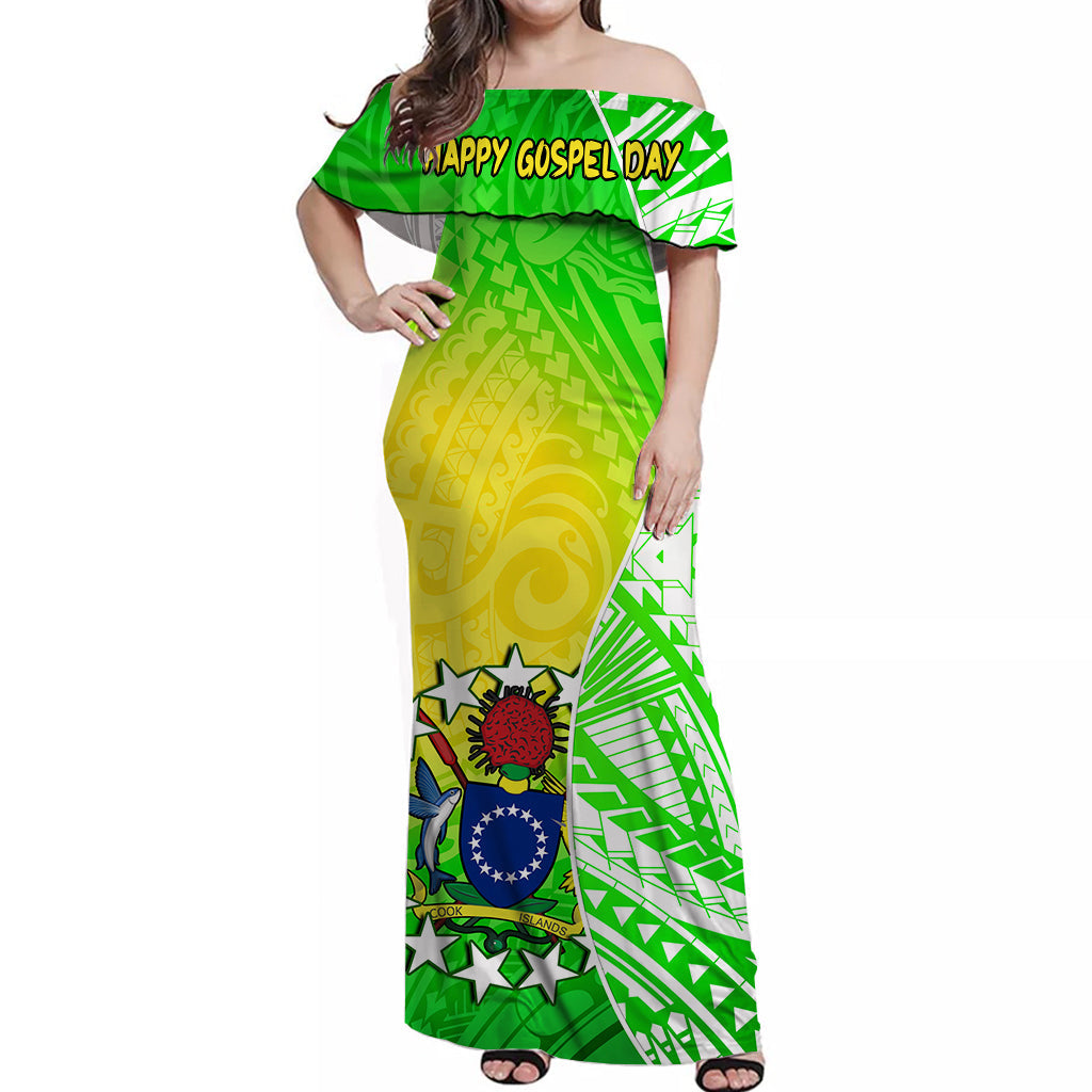 Happy Mangaia Gospel Day Off Shoulder Long Dress Cook Islands Coat Of Arms Polynesian Pattern LT14 Women Green - Polynesian Pride