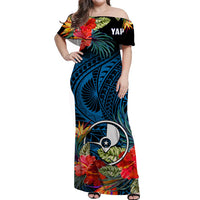 (Custom Personalised) Yap State Off Shoulder Long Dress FSM Hibiscus Flowers Mix Polynesian LT14 Women Blue - Polynesian Pride