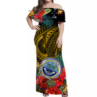 (Custom Personalised) Federated States of Micronesia Off Shoulder Long Dress Hibiscus Flowers FSM Seal Polynesian Ver.06 LT14 Women Gold - Polynesian Pride