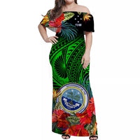 (Custom Personalised) Federated States of Micronesia Off Shoulder Long Dress Hibiscus Flowers FSM Seal Polynesian Ver.02 LT14 Women Green - Polynesian Pride