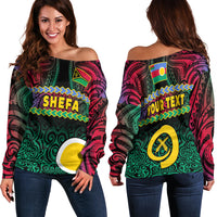 (Custom Personalised) Shefa Province Off Shoulder Sweater Vanuatu Pig Tusk Polynesian Flag Style LT14 Women Black - Polynesian Pride