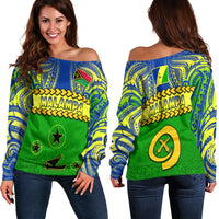 Malampa Province Off Shoulder Sweater Vanuatu Pig Tusk Polynesian Flag Style LT14 Women Green - Polynesian Pride