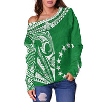 Cook Islands Tatau Off Shoulder Sweater Symbolize Passion Stars Version Green LT13 - Polynesian Pride