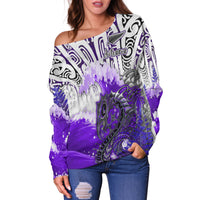 (Custom Personalised) Manaia Maori Off Shoulder Sweater Fern Aotearoa Purple Waves LT13 - Polynesian Pride