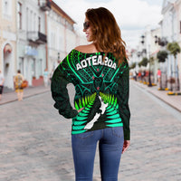 Aotearoa Fern Off Shoulder Sweater New Zealand Hei Tiki Green Style LT13 - Polynesian Pride