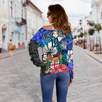 (Custom Text and Number) Fiji Tie Dye Off Shoulder Sweater Polynesian Blue Tribal Creative Tropical Flowers LT13 - Polynesian Pride