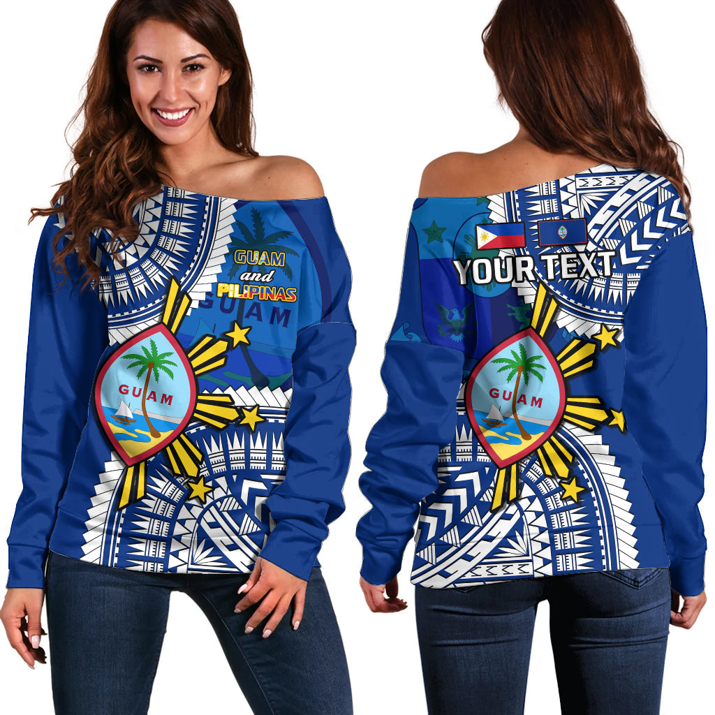 (Custom Personalised) Guam and Philippines Off Shoulder Sweater Guaman Filipinas Together Blue LT14 Women Blue - Polynesian Pride