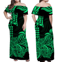 Hawaii Kakau Off Shoulder Long Dress Polynesian Floral Tribal Green Version LT9 - Polynesian Pride