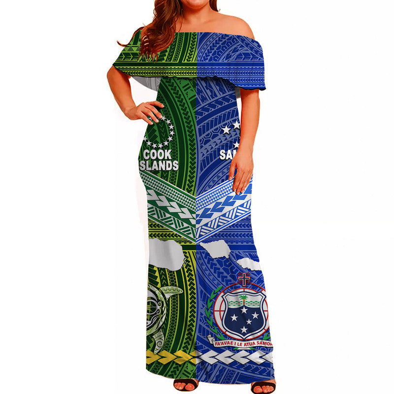 Samoa And Cook Islands Women Off Shoulder Long Dress Together LT8 Women Blue - Polynesian Pride