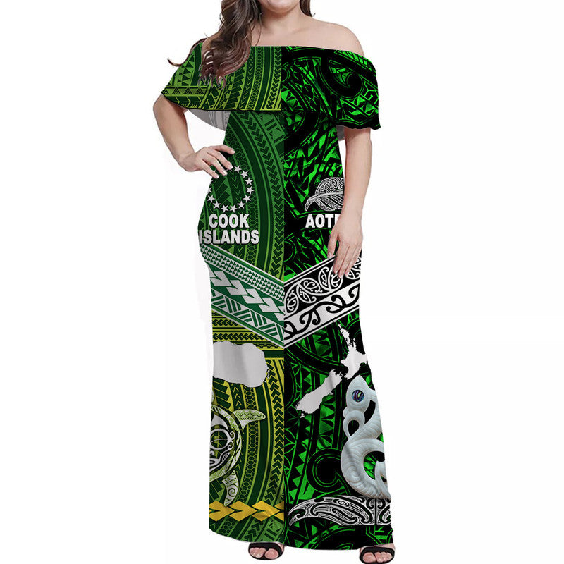 New Zealand And Cook Islands Off Shoulder Long Dress Together - Green LT8 Women Green - Polynesian Pride