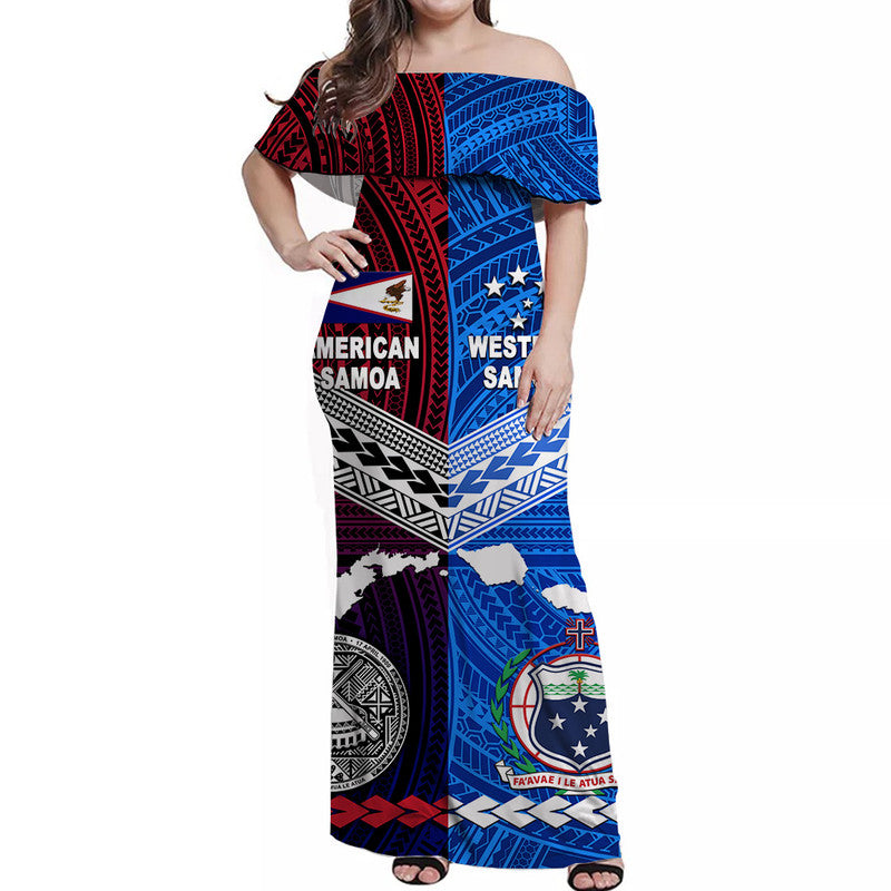 American Samoa And Western Samoa Off Shoulder Long Dress Together LT8 Women Blue - Polynesian Pride