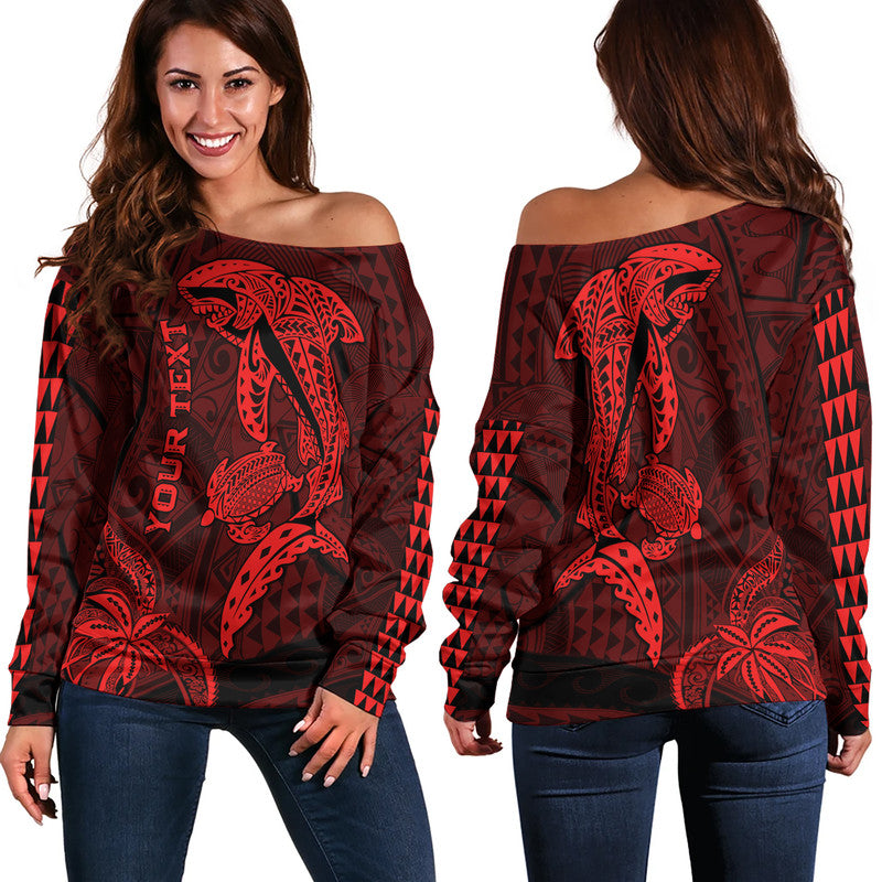 (Custom Personalised) Hawaii Women Off Shoulder Sweater Shark and Turtle Mix Kakau Red LT9 Women Red - Polynesian Pride