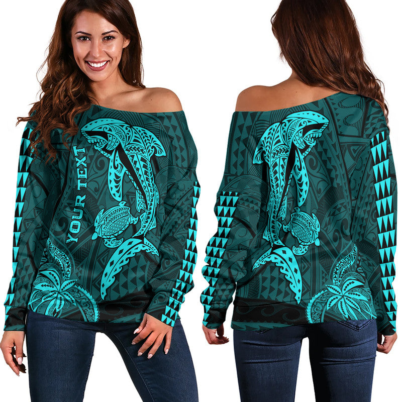 (Custom Personalised) Hawaii Women Off Shoulder Sweater Shark and Turtle Mix Kakau Turquoise LT9 Women Turquoise - Polynesian Pride