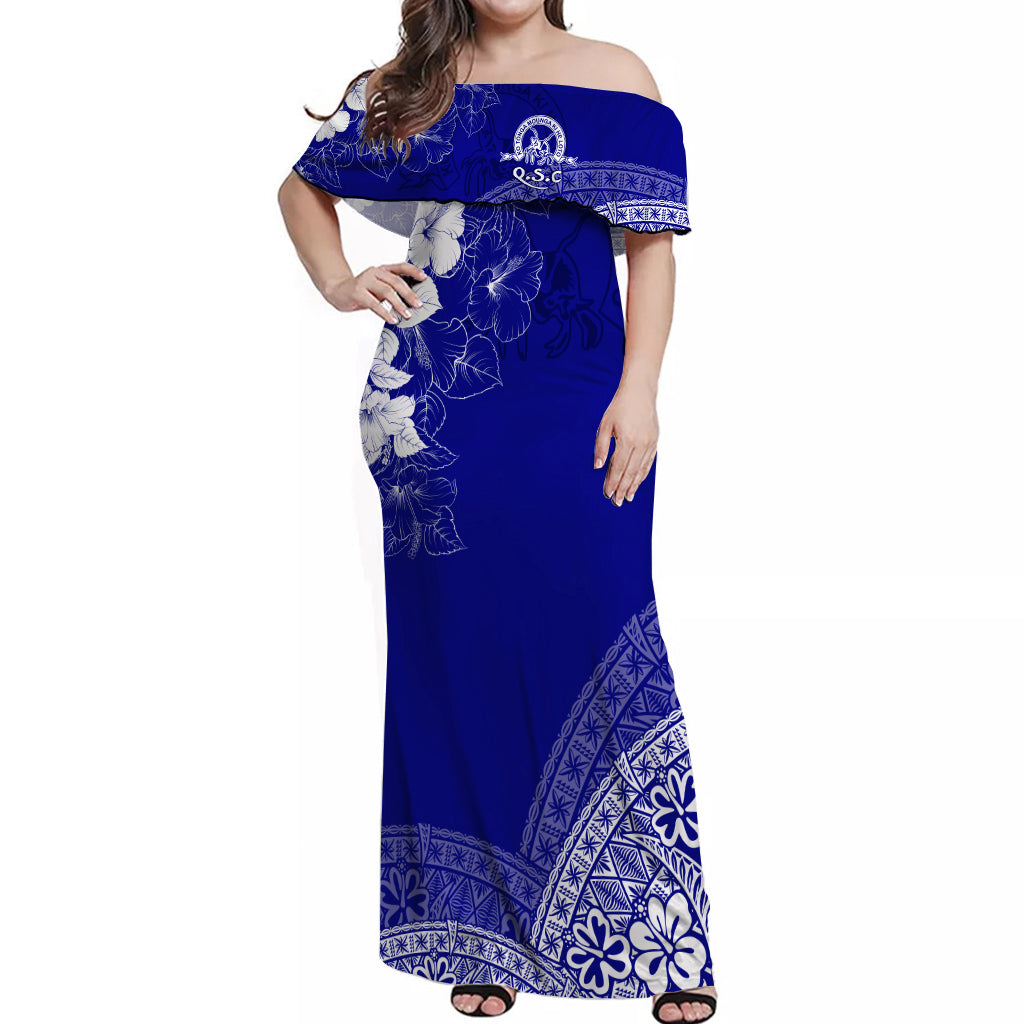 Tonga Kolisi Kuini Salote Off Shoulder Long Dress QSC Floral Tapa LT7 Long Dress Blue - Polynesian Pride
