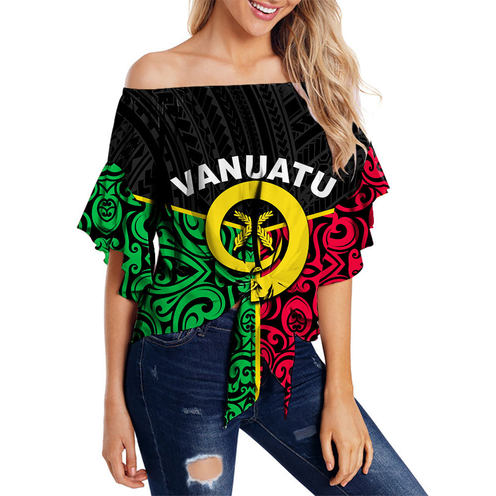Vanuatu Off Shoulder Waist Wrap Top Polynesian Patterns Mix Flag LT6 Women Black - Polynesian Pride