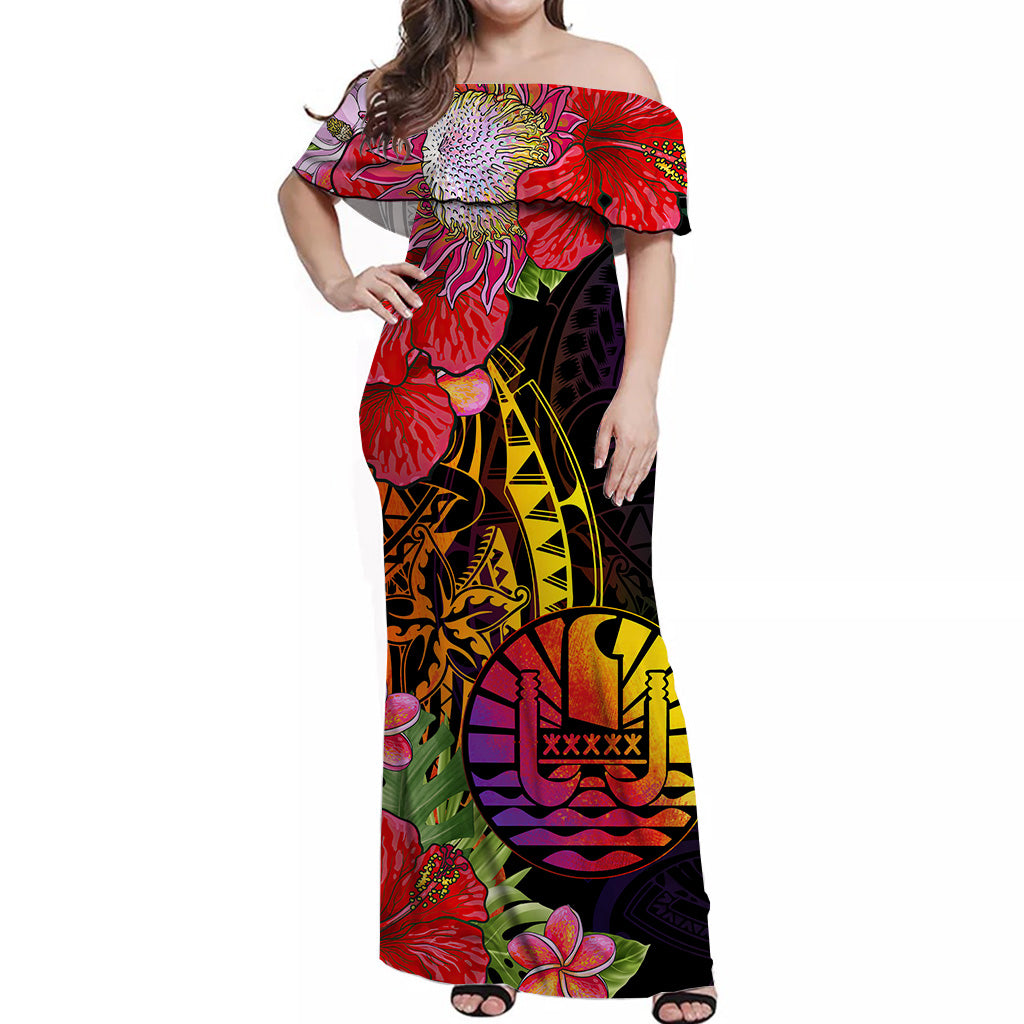 Tahiti French Polynesia Off Shoulder Long Dress Tropical Hippie Style LT4 Long Dress Red - Polynesian Pride