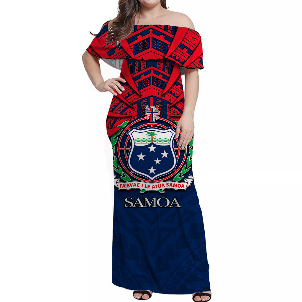 Samoa Off Shoulder Long Dress No.3 LT6 Women Blue - Polynesian Pride