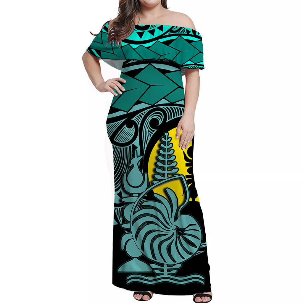 New Caledonia Off Shoulder Long Dress Turquoise Color LT6 Long Dress Green - Polynesian Pride