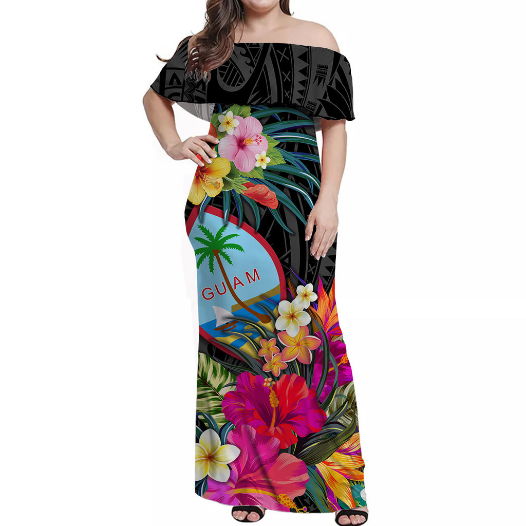 Guam Polynesian Off Shoulder Long Dress Tropical Flowers - Colorful Vibes LT8 Women Black - Polynesian Pride