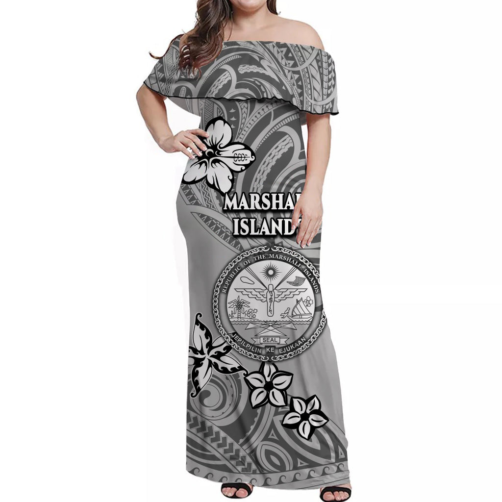Marshall Islands Off Shoulder Long Dress Unique Vibes - Grey LT8 - Polynesian Pride