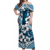 Hibiscus Off Shoulder Long Dress Fiji Patterns Blue LT6 Women Blue - Polynesian Pride