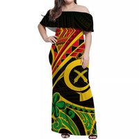 Vanuatu Off Shoulder Long Dress Tribal Tattoo No.2 LT6 Women Black - Polynesian Pride