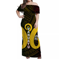 Vanuatu Off Shoulder Long Dress Polynesian Patterns Mix Pig Tusk LT6 Women Black - Polynesian Pride