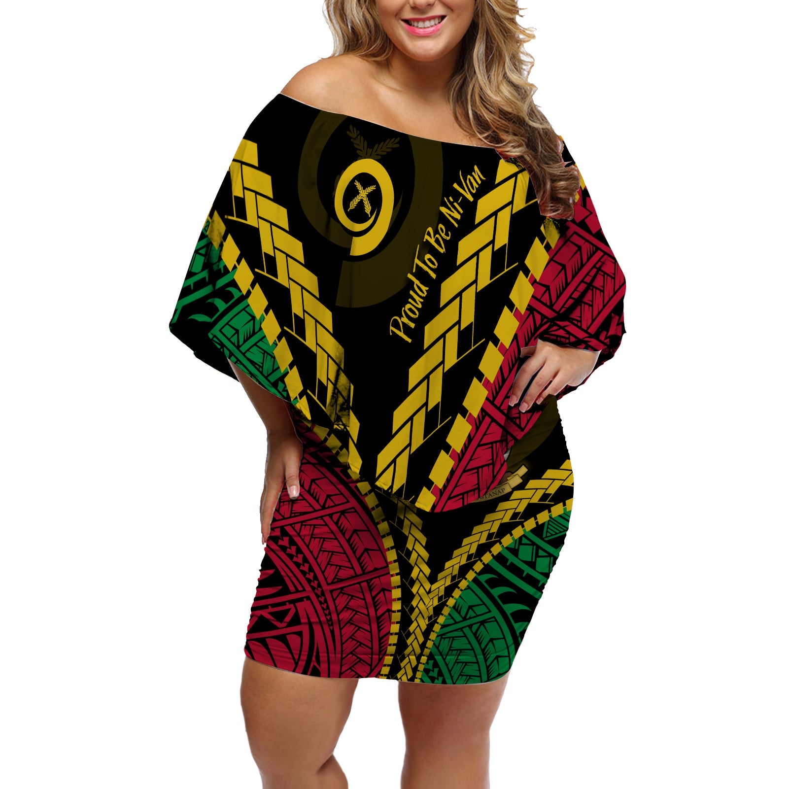 Vanuatu Off Shoulder Short Dress Proud Ni - Van Special Version LT7 Women Black - Polynesian Pride