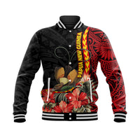 (Custom Personalised) Papua New Guinea Baseball Jacket Unique Bird With Tropical Vintage Plant LT9 Unisex Black - Polynesian Pride