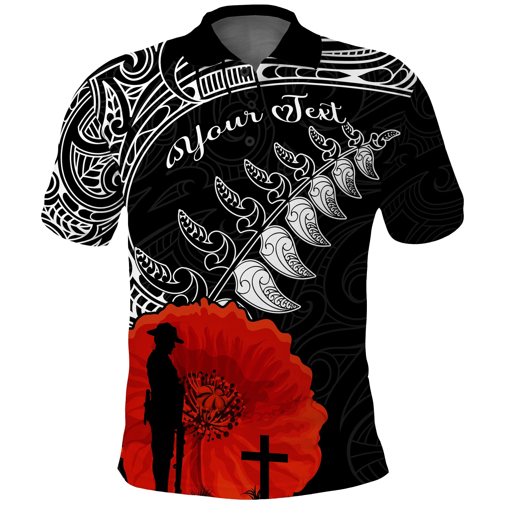 Custom New Zealand ANZAC 2022 Polo Shirt Maori Mix Fern Poppy LT13 Black - Polynesian Pride
