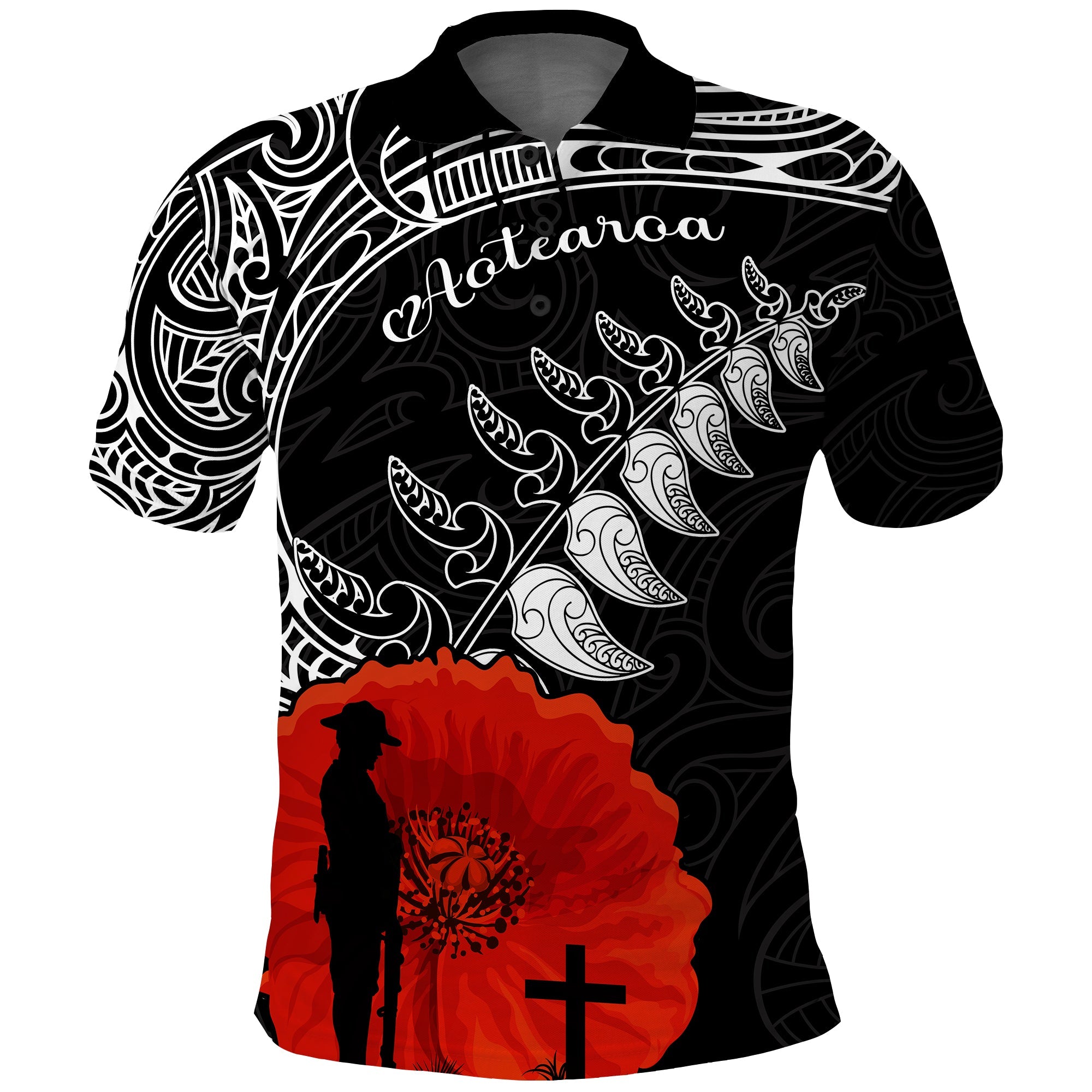 New Zealand ANZAC 2022 Polo Shirt Maori Mix Fern Poppy LT13 Black - Polynesian Pride