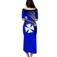 Wallis And Futuna Puletasi Dress Plumeria Flowers With Blue Polynesian Pattern LT14 - Polynesian Pride