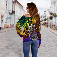Palau Custom Personalised Women's Off Shoulder Sweater - Rainbow Polynesian Pattern - Polynesian Pride