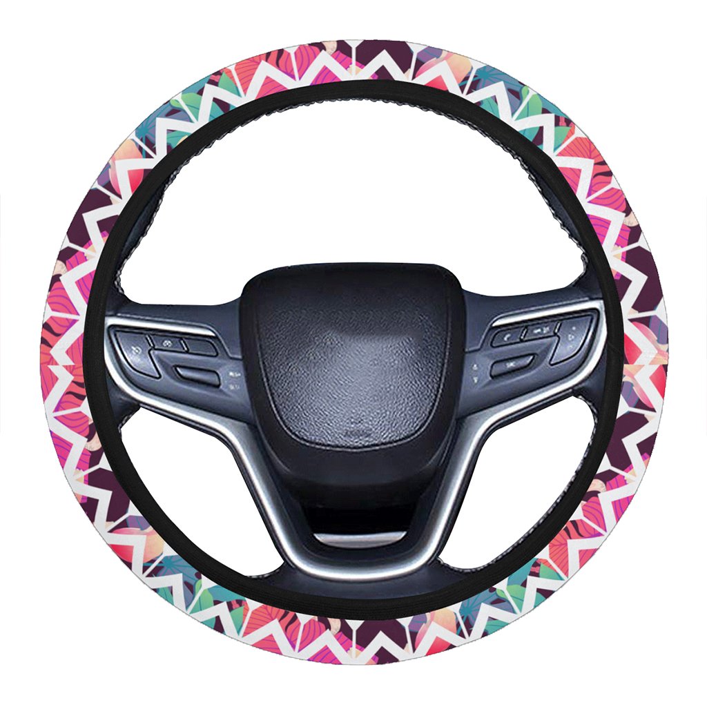 Palm Foliage On Striped Zigzag Hawaii Universal Steering Wheel Cover with Elastic Edge One Size Blue Steering Wheel Cover - Polynesian Pride