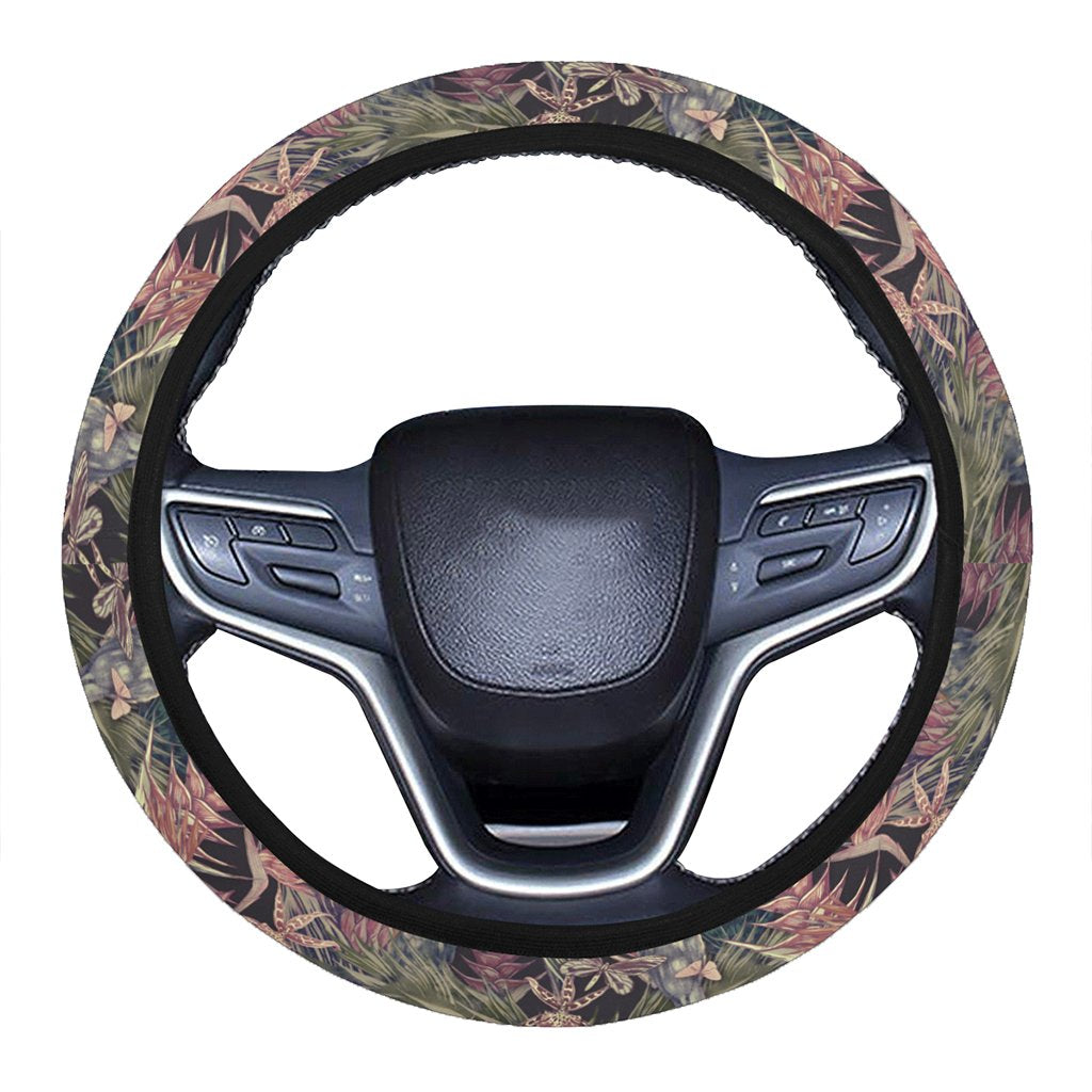 Palm Leaves, Tropical Flowers Hawaii Universal Steering Wheel Cover with Elastic Edge One Size Blue Steering Wheel Cover - Polynesian Pride