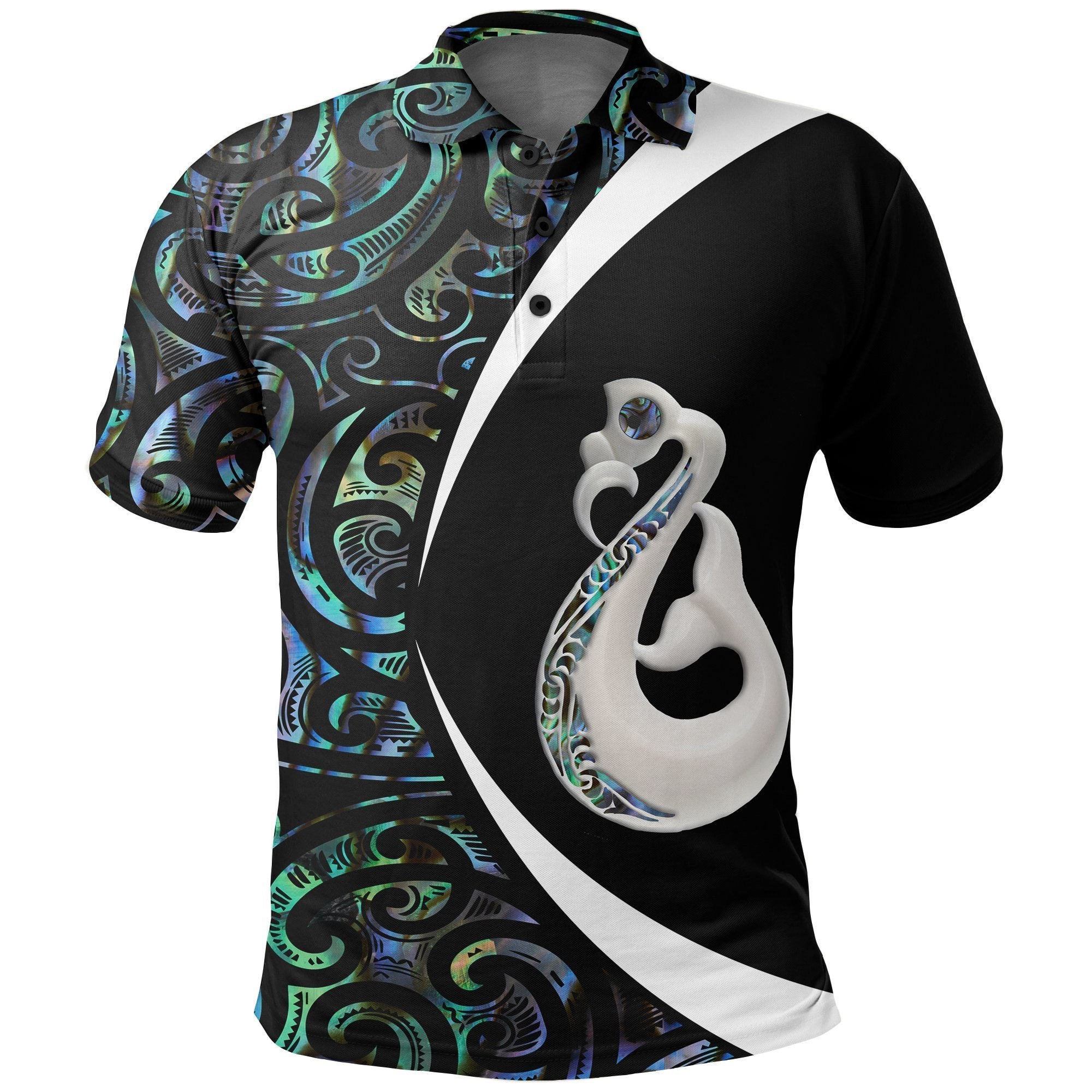 New Zealand Maori Polo Shirt, Manaia Paua Shell Golf Shirt, Circle Style Unisex Black - Polynesian Pride
