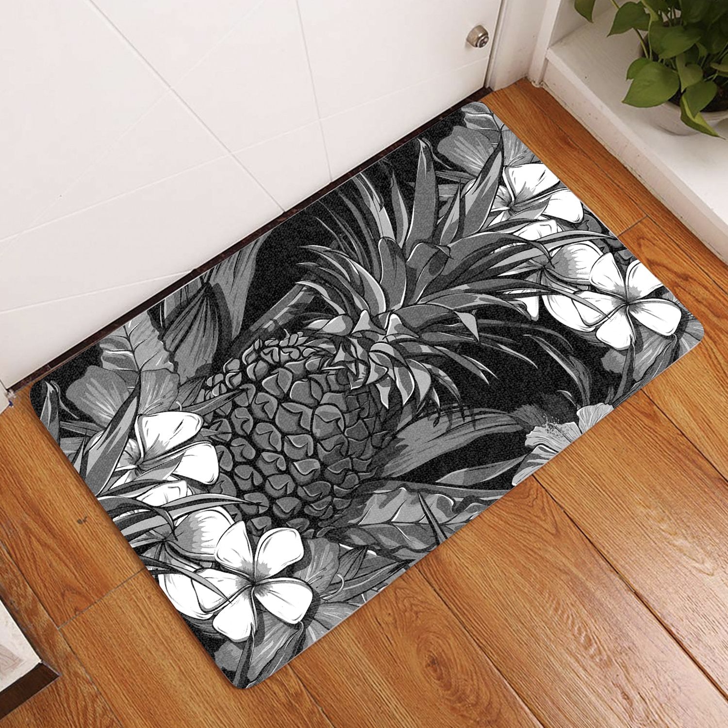 Pineapple Hibiscus Black And White Door Mat Door Mat White - Polynesian Pride