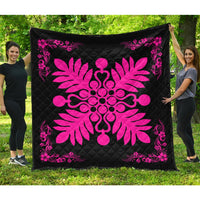 Hawaiian Quilt Maui Plant And Hibiscus Premium Quilt - Pink Black - AH Pink - Polynesian Pride