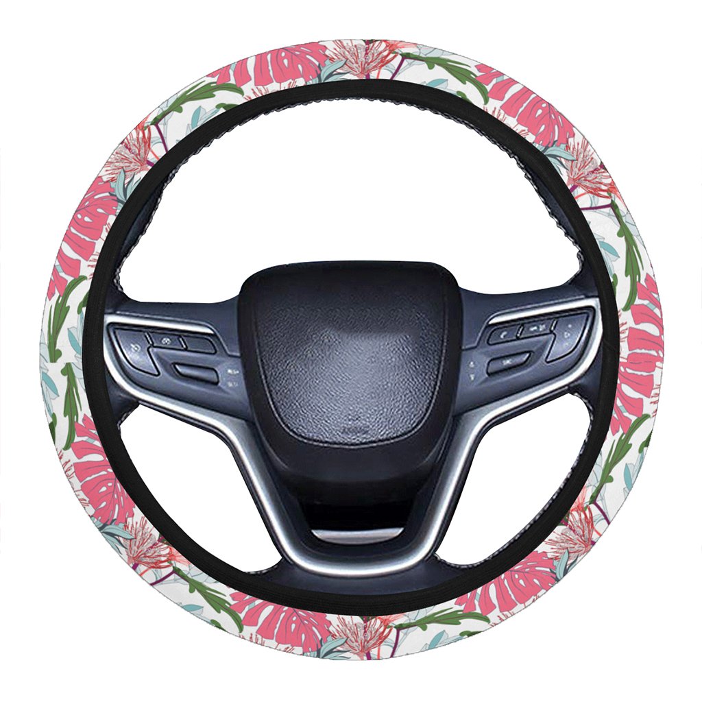 Pink Monstera And Green Tropical Leaves White Hawaii Universal Steering Wheel Cover with Elastic Edge One Size Green Steering Wheel Cover - Polynesian Pride