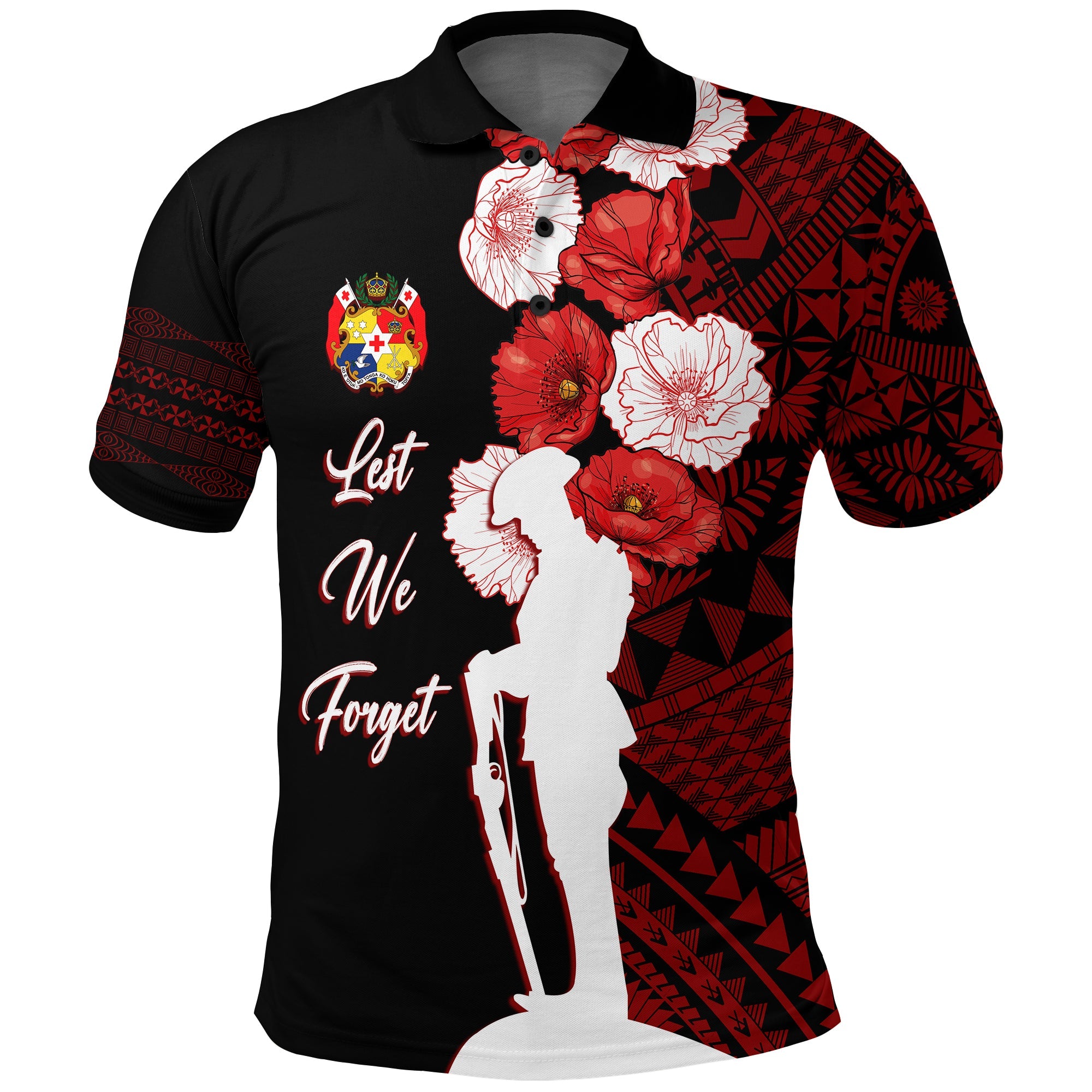 Tonga Polo Shirt ANZAC Day Lest We Forget LT7 Black - Polynesian Pride