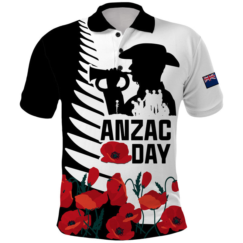 Custom New Zealand ANZAC Day Polo Shirt Military Silver Ferns and Red Poppy LT9 Black - Polynesian Pride
