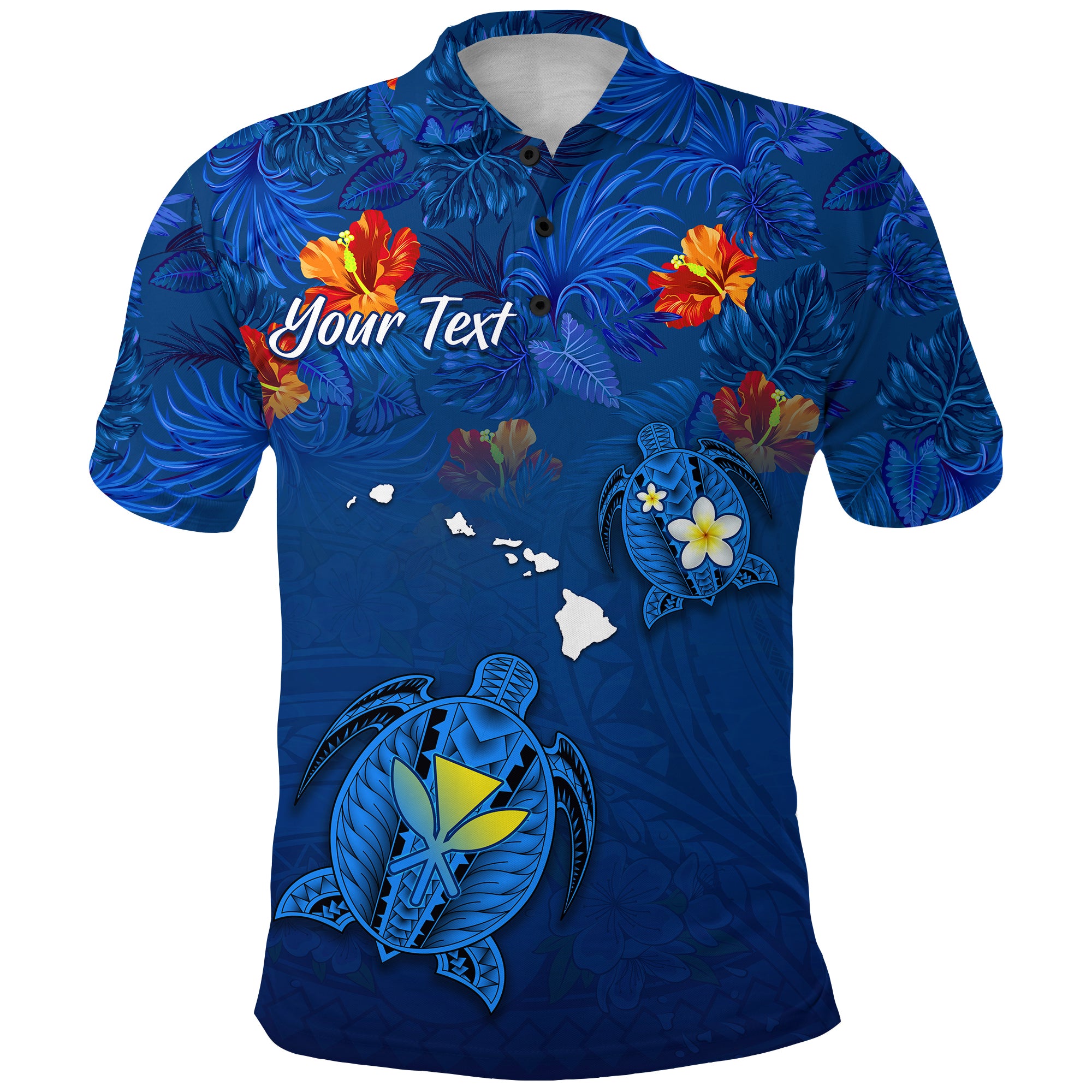 Custom Hawaiian Islands Polo Shirt Hawaii Tropical Flowers and Turtles Blue LT13 Unisex Blue - Polynesian Pride