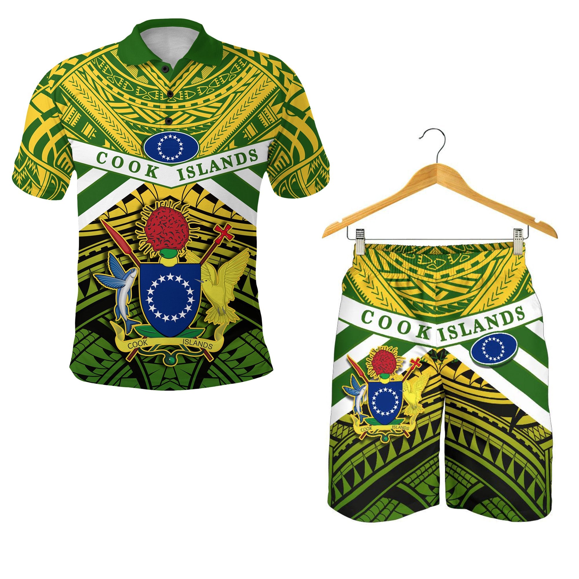 Combo Polo Shirt and Men Short Cook Islands Rugby Spirit Green - Polynesian Pride