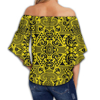 Polynesian Kakau Turtle Yellow Hawaii Women's Off Shoulder Wrap Waist Top - Polynesian Pride