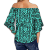 Polynesian Symmetry Turquoise Hawaii Women's Off Shoulder Wrap Waist Top - Polynesian Pride