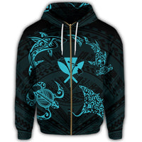 Polynesian Turtle Hammerhead Shark Ray Kanaka Hawaii Zip Hoodie Circle Blue - Polynesian Pride