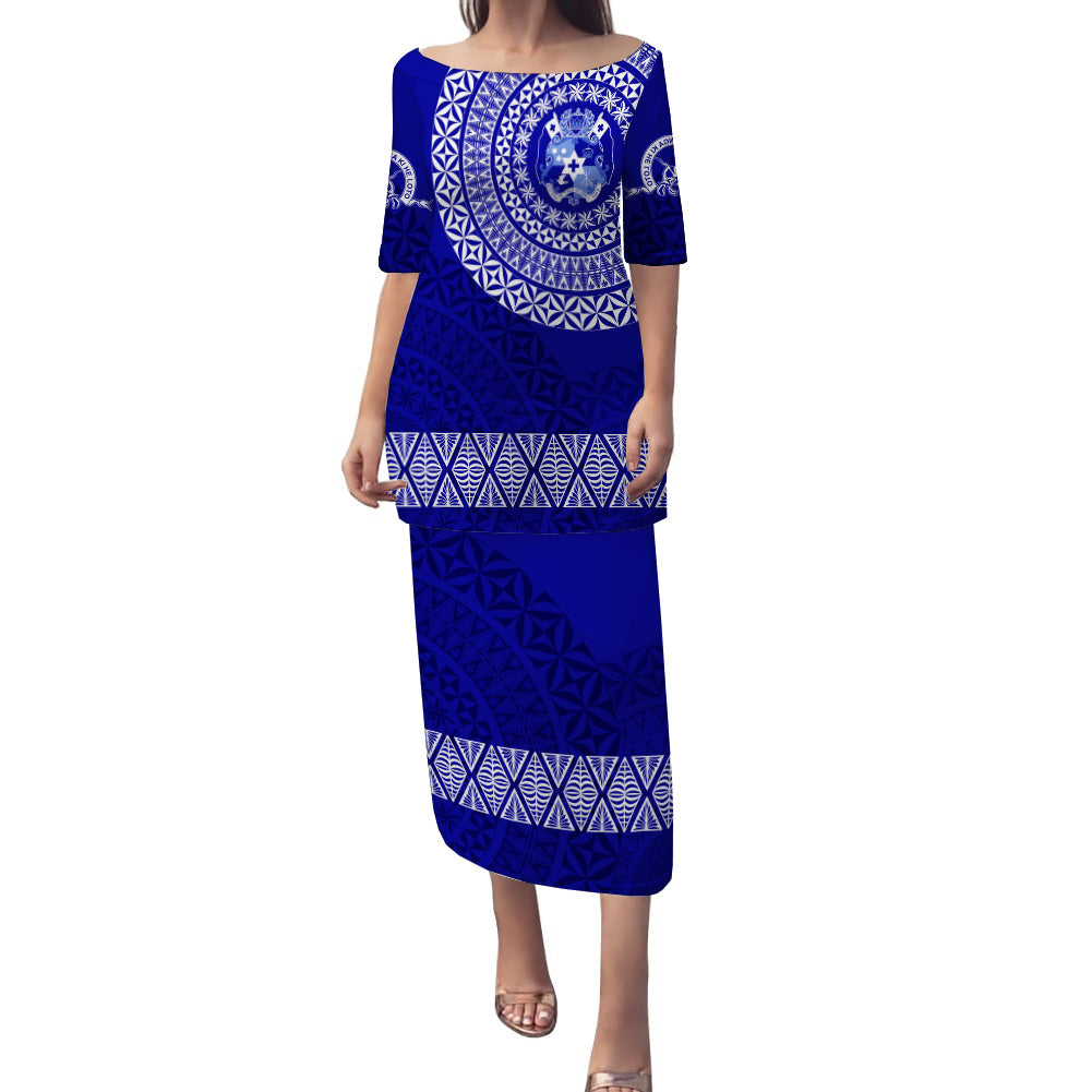 Queen Salote College Tonga Puletasi Dress Kupesi Style - Ver03 LT7 Long Dress Blue - Polynesian Pride