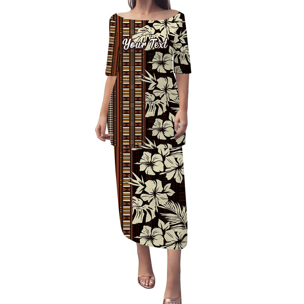 (Custom Personalised) Polynesian Puletasi Dress Hibiscus Flower Tribal Fabric Wallpaper LT14 Brown - Polynesian Pride